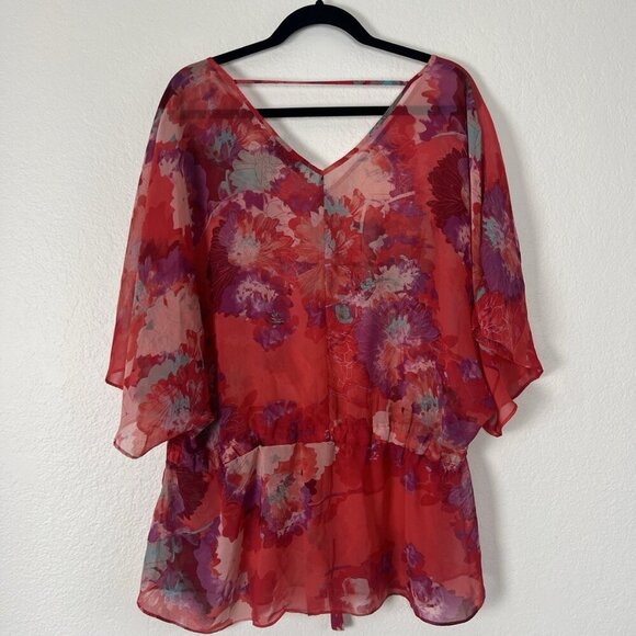 a.n.a Women Plus Size 2X Red Floral Flutter Chiffon Waist Tie V- Neck Blouse Top - Picture 2 of 11